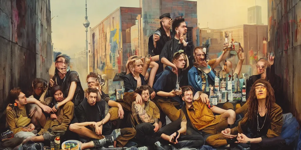 Prompt: beautiful oil matte portrait painting, 8 0 s punks sitting on the berlin wall drinking bottles of beer, boombox on the side, wonderful masterpiece highly detailed, beautiful cinematic light deep focus, elegant, digital painting, smooth, sharp focus, golden ratio, dramatic illumination, ultra realistic, 8 k, art by jimmy law