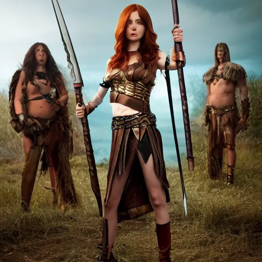 Image similar to full body photo of karen gillan as an amazon warrior with weapons