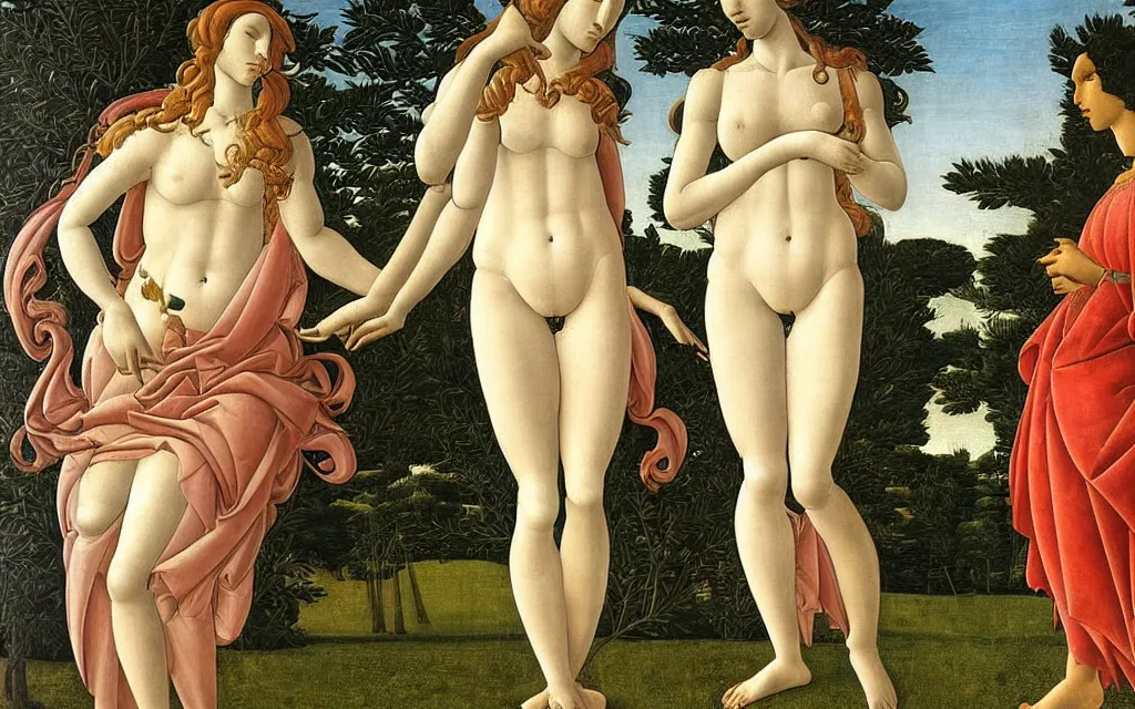 Prompt: sandro botticelli. very soft, delicate light. venus standing on a park bench in a modern city.