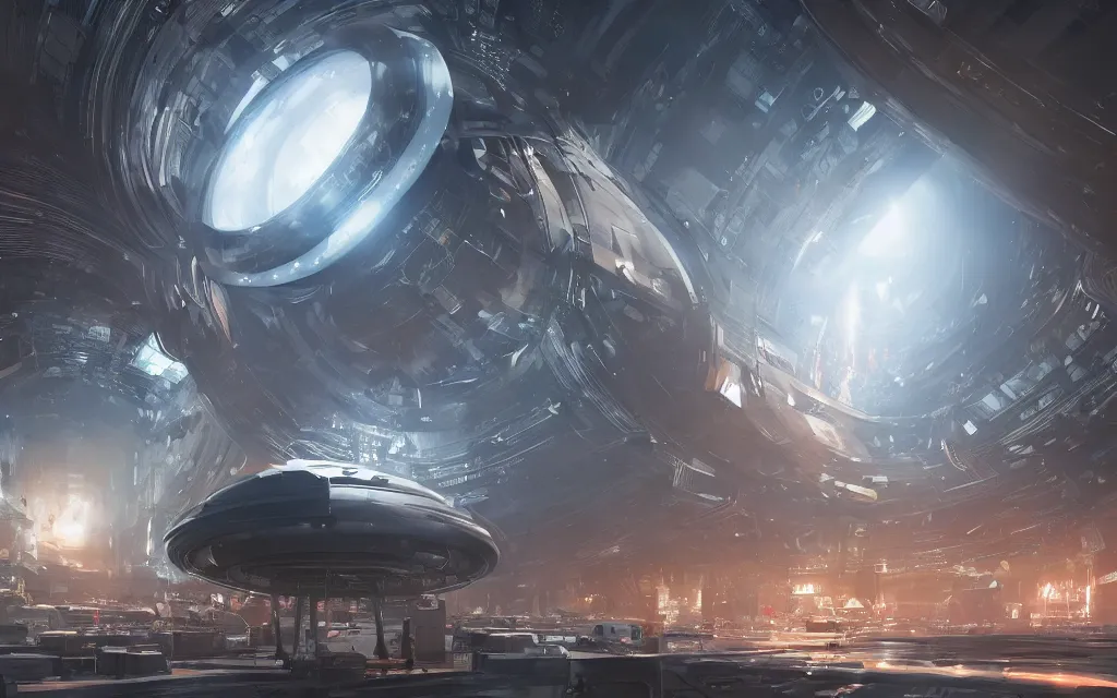 Image similar to large teleporter in space inside a bustling space market, concept art, digital art, illustration, sharp focus, octane render, by julian calle, trending on artstation