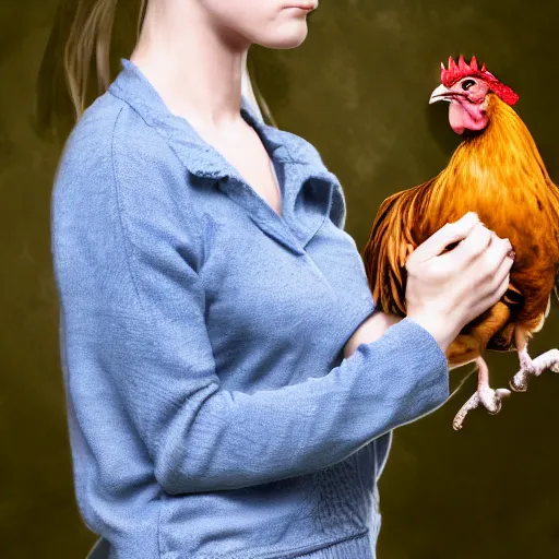 Image similar to A realistic image of a very sad woman holding a rooster in her hands, ultra high detail, 8k.