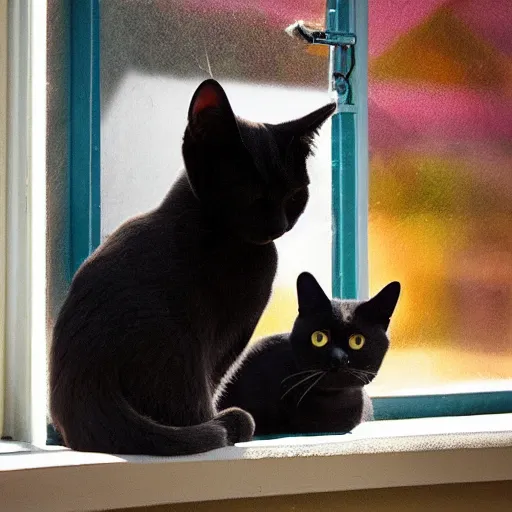 Prompt: black cat and tabby cat in a sunlit window