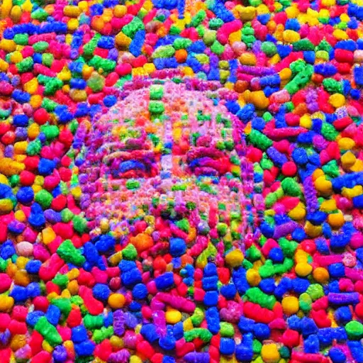 Image similar to a giant human head sculpture in the sea made out of thousands of small gummy bears, in the style of chad knight, long shot, hyper detailed, hyper realistic, ray tracing, 8 k resolution, sharp focus, realistic water, award winning