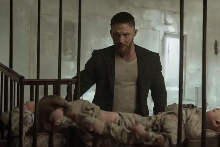 Image similar to film still of Tom Hardy as Max Payne in a dark dream next to a baby crib in the Max Payne movie, 4k