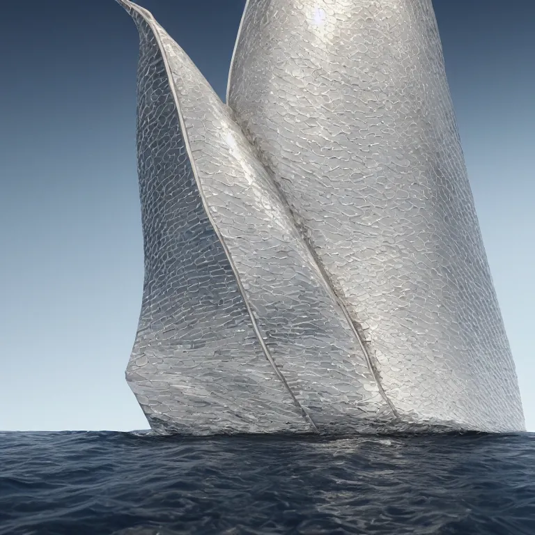 Image similar to octane render portrait by wayne barlow and carlo crivelli and glenn fabry, a futuristic sailboat with sails made out of shiny reflective iridescent aluminum foil, windy sea swells, sea foam, ultra - detailed, ray traced lighting, very short depth of field, bokeh