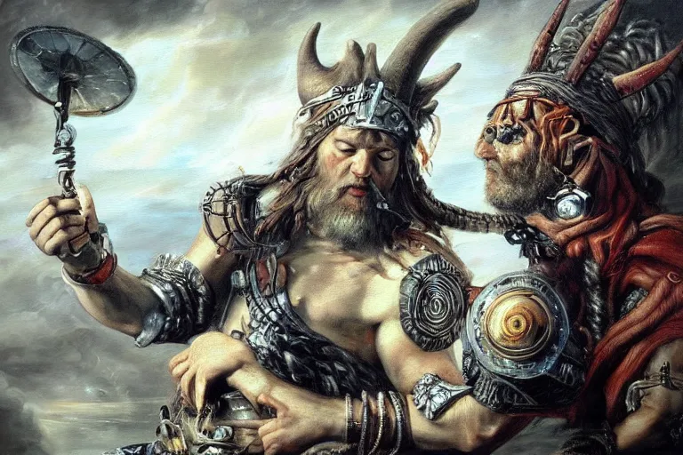 Image similar to mythological Viking Shaman of artificial intelligence creating an artificial neural network with synapses on an anvil, high resolution, award winning art, trending on art station, sharp image, incredibly detailed, detailed character realistic painting, painting by peter paul rubens