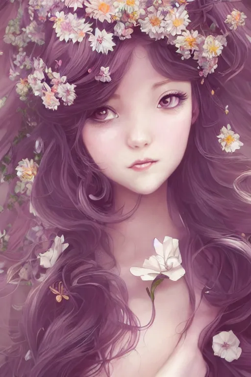 Image similar to romantic and fashion and love princess of the flower with sheath dress, 8 k realistic, teenager girl, baroque, symmetrical, flowing hair, smile, trending pinterest and pixiv, muted colors, hyperrealistic, l close up shot, character concept art, face by kyoung hwan kim, alexandra fomina, ilya kuvshinov