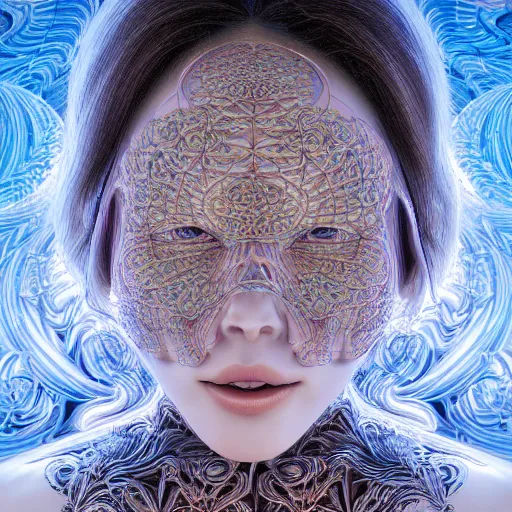 Image similar to beatifull frontal face portrait of a woman, 150mm, chromatic aberration, mandelbrot fractal, symmetric, intricate, elegant, highly detailed, ornate, ornament, sculpture, elegant , luxury, beautifully lit, ray trace, octane render in the style of peter Gric and alex grey