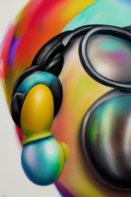 Image similar to hyperrealism surrealism acrylic painting, close - up portrait of bowling ball - with big headphones and a mime sweater, aerosol splashes on paper background, art by jeff soto