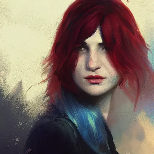 Image similar to Aya Cash with red and blue ombre hair, illustrated by Greg Rutkowski, 4k, 8k, photorealistic portrait imagery, dappled lighting, trending on artstation, artstationHQ, artstationHD.