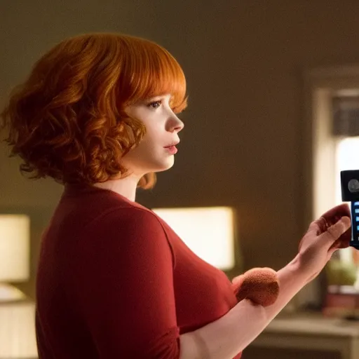 Image similar to a still of Christina Hendricks playing with a Gameboy, in Stranger Things, highly detailed and intricate, cinematic lighting, 8k remastered HDR