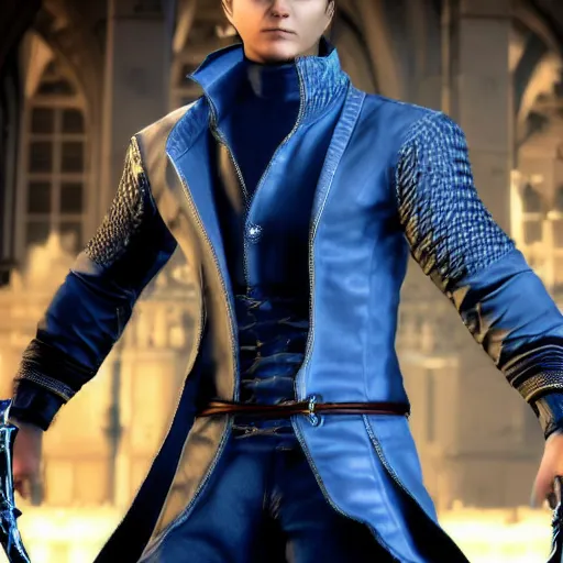 Image similar to Vergil, son of Sparda, beautiful, game screenshot, detailed face, aesthetic, realistic, soft lights, 2022 4k 60 fps