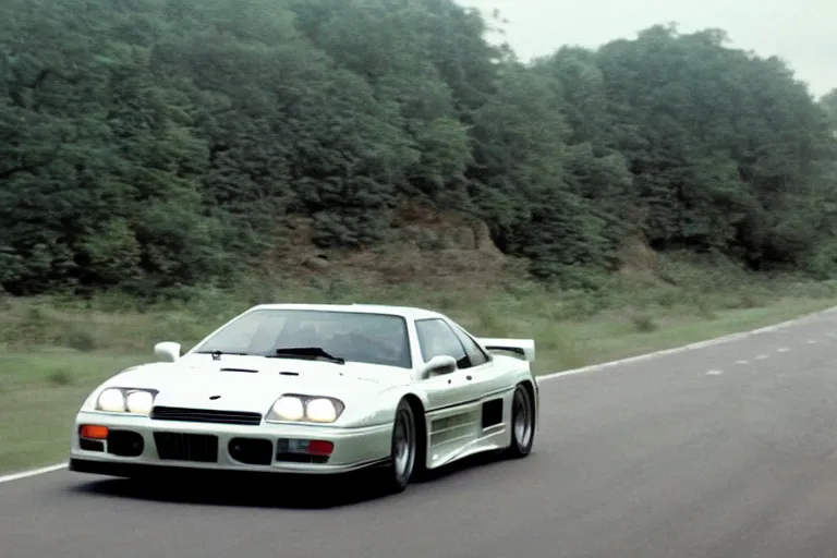 Image similar to vintage archival race footage of a single 1995 Vector W8 Twin Turbo, with elements of the BMW M1, movie still, speed, cinematic Panavision 5384 film