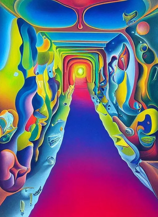 Prompt: an extremely high quality hd surrealism painting of a 3d galactic neon complimentary-colored cartoony surrealism melting optically illusiony hallway by kandsky and salvia dali the second, salvador dali's much much much much more talented painter cousin, clear shapes, 8k, ultra realistic, super realistic