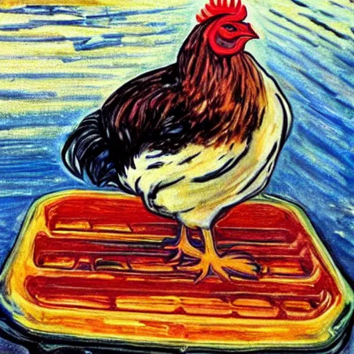 Image similar to painting of a chicken made of chicken wings on a raft, realistic, stylized, artstation, edward munch