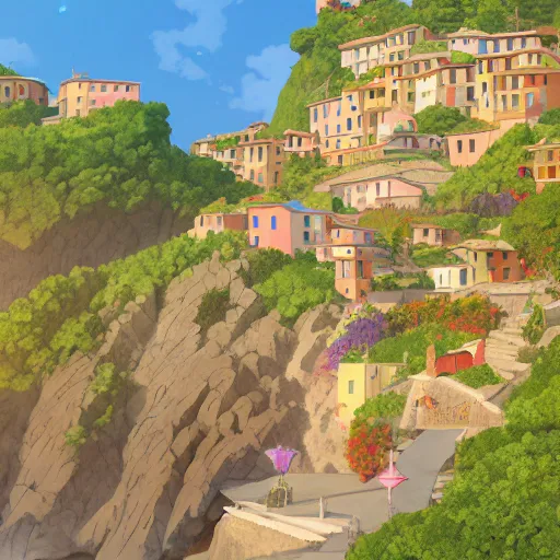 Prompt: pixar render, french bande dessinée, mediterranean landscape, quaint village, cinq terre, highly detailed, luminous, style by moebius, by studio ghibli, concept art, unreal engine