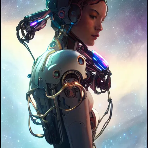 Image similar to cyborg droid entanglement milky way, epic lighting, sketch illustration, ultra detailed, art by artgerm and greg rutkowski and alphonse mucha