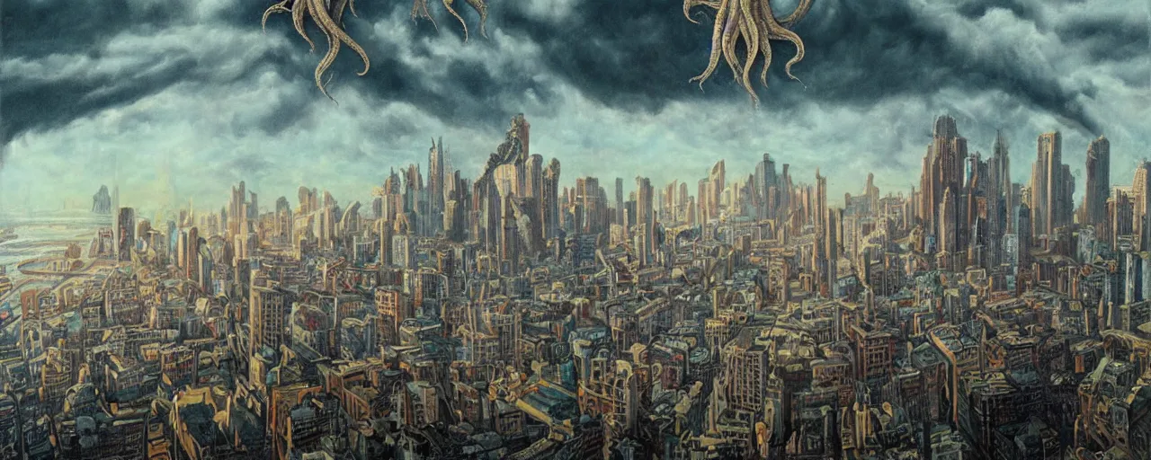 Prompt: Cthulhu rising in the sky above city, Christensen James C