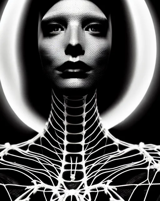 Image similar to black and white cyborg-plant goddess high quality fashion portrait, artificial intelligence, bio-mechanical bio-luminescence, artificial spider web, neurons, nerve cells, octane render, cinematic, hyper realism, photo-realistic, high detail, 8k, in the style of Steven Meisel and Dora Maar and H.G. Giger