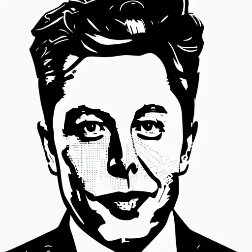 Image similar to a simplified black and white vector based illustration of Elon Musk, created in Adobe illustrator, black ink shading on white background, smooth vector curves, vinyl cut ready