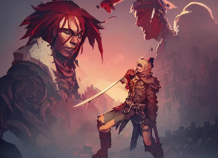 Image similar to character design, idle, colored, sword, sprite, darkest dungeon, pc game, sideview, art by moebius and greg rutkowski, artgerm