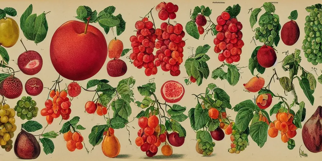 Prompt: catalogue of various vintage fruit illustrations