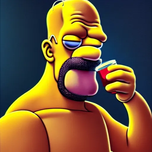 Prompt: portrait of homer simpson drinking coke, ultra realistic, concept art, intricate details, eerie, highly detailed, photorealistic, octane render, 8 k, unreal engine. art by artgerm and greg rutkowski and charlie bowater and magali villeneuve and alphonse mucha