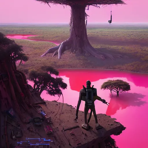 Image similar to a zulu cyberpunk hunter with a drone near a pink lake witha a baobab tree by greg rutkowski and android jones in a surreal portrait style, oil on canvas, 8k resolution.