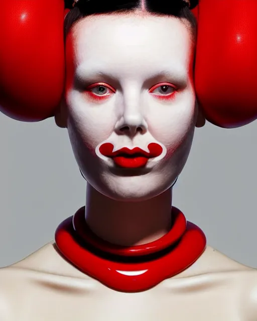 Image similar to symmetrical close - up portrait of a woman wearing a red silicone beauty mask and hair buns, wearing a black bodysuit by alexander mcqueen, cream white background, soft light, biotechnology, humanoide robot, bjork aesthetic, translucent, by rineke dijkstra, masterpiece,