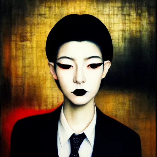 Prompt: yoshitaka amano blurred and dreamy realistic three quarter angle portrait of a young woman with black lipstick and black eyes wearing office suit with tie, david lynch abstract patterns in the background, satoshi kon anime, noisy film grain effect, highly detailed, renaissance oil painting, weird portrait angle, blurred lost edges