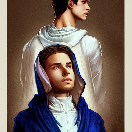 Image similar to ultra realistic illustration, a young man in a white hood, with brown hair, with blue eyes, intricate, elegant, highly detailed, digital painting, artstation, concept art, smooth, sharp focus, illustration, art by artgerm and greg rutkowski and alphonse mucha