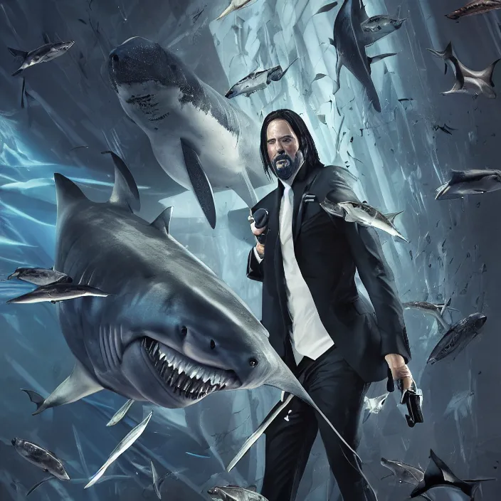 Prompt: john wick cosplay as shark. intricate artwork. octane render, trending on artstation, very coherent symmetrical artwork. cinematic, hyper realism, high detail, octane render, 8 k, iridescent accents