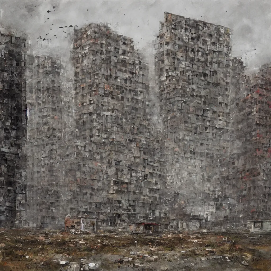 Image similar to painting by jakub rozalski of abandoned post soviet blocks