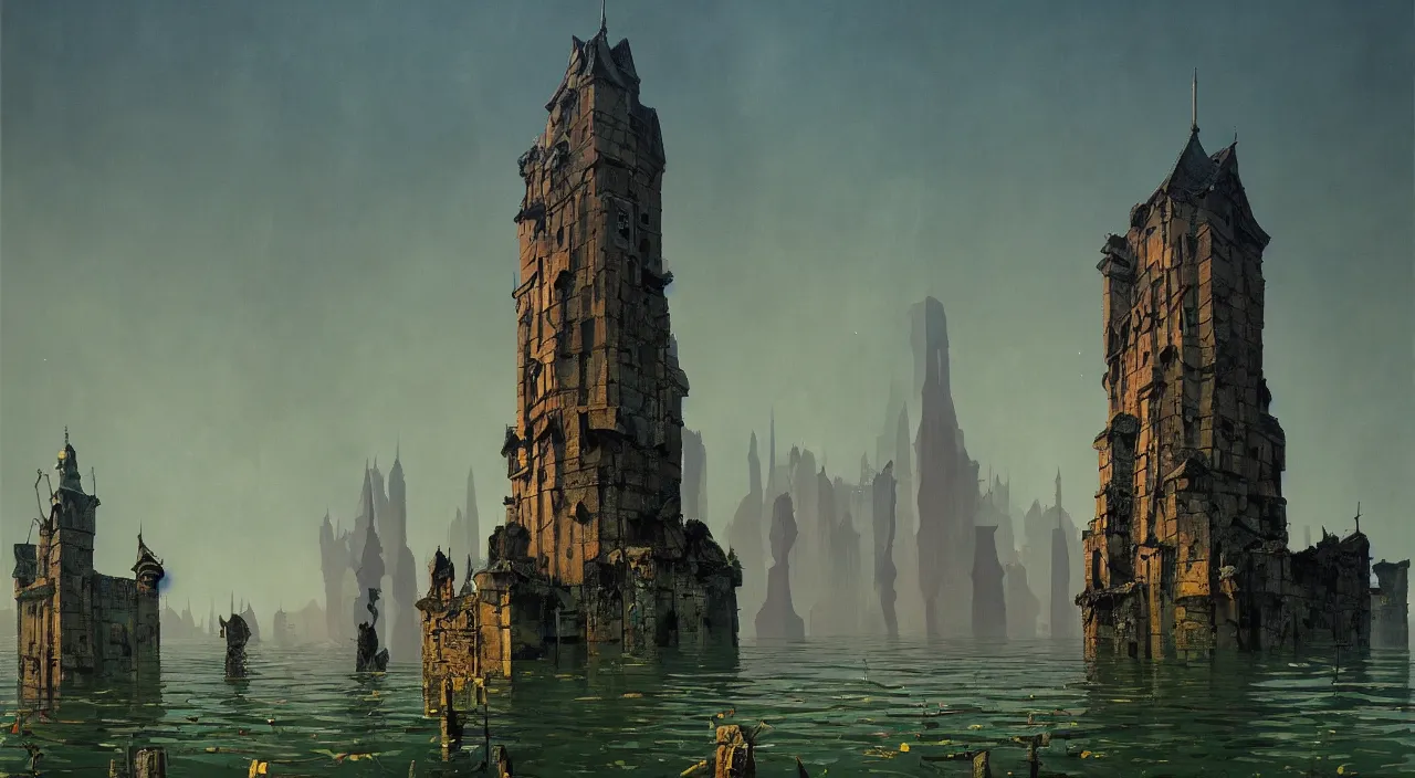 Prompt: a high contrast painting of a flooded ancient tower by simon stalenhag jim burns carl spitzweg rene magritte, full-length view, highly detailed, vibrant colors, extremely high contrast!, symmetry, great composition, high detail, cinematic lighting, award winning masterpiece, trending on artstation