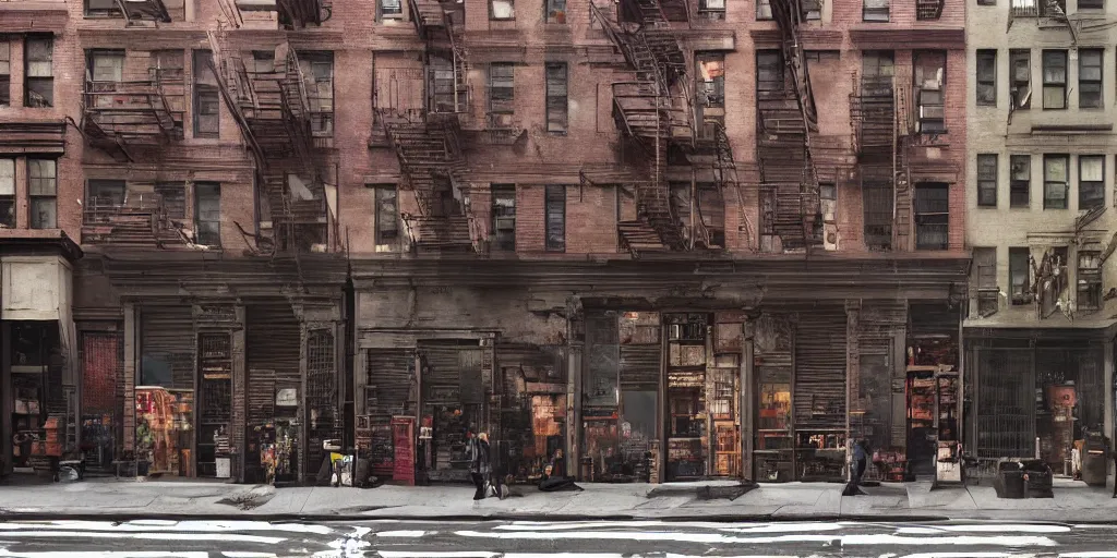 Image similar to new york city block facade. texture. doors. storefronts. street. art by greg rutkowski and william o'connor