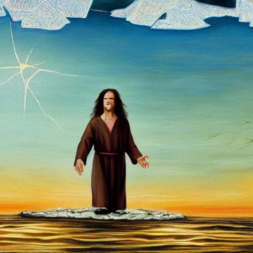 Image similar to tommy wiseau walking on water with jesus, biblical, oil painting, sunny, beautiful