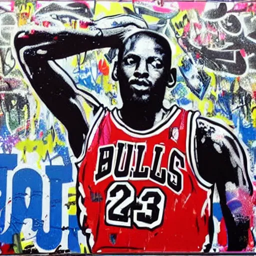 Prompt: beautiful wide shot of Michael Jordan graffiti, pop art, by Mister Brainwash, highly detailed