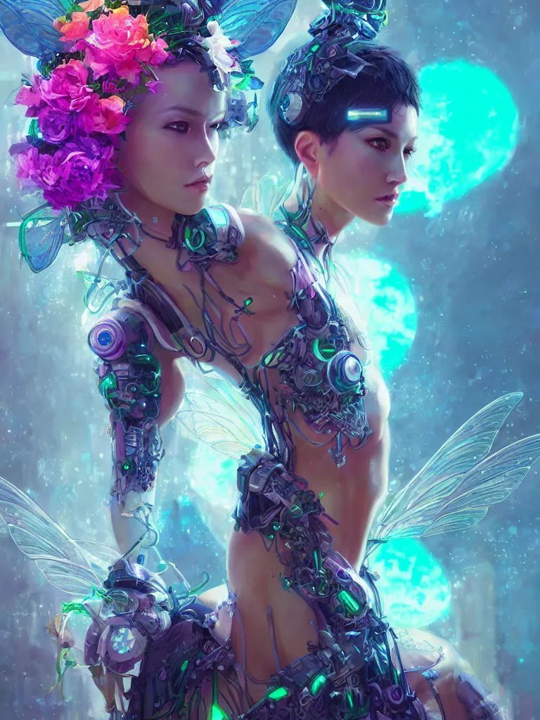 Image similar to half body portrait of a beautiful cyber fairy, in a cyberpunk garden, elegant pose, body covers with neon flowers, realistic digital art, artgerm, craig mullins, huang guangjian