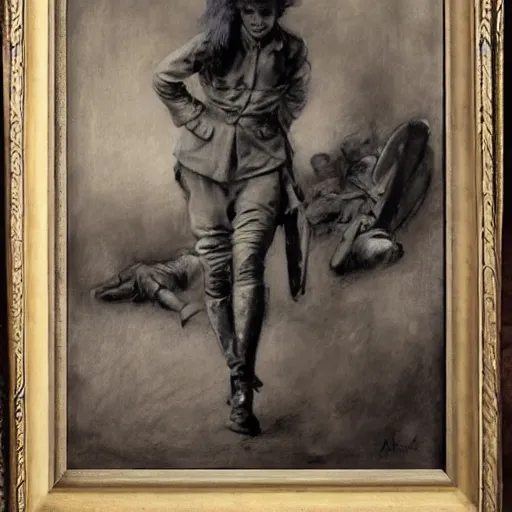 Image similar to ww 1 action heroine by alfred stevens in charcoal