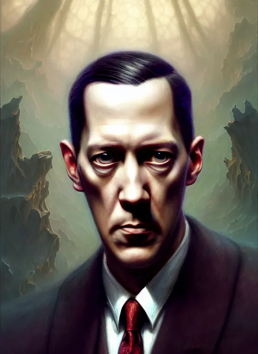 Image similar to portrait shot of h. p. lovecraft, a scenic dystopian environment, intricate, elegant, highly detailed, centered, digital painting, artstation, concept art, smooth, sharp focus, illustration, artgerm, tomasz alen kopera, peter mohrbacher, donato giancola, joseph christian leyendecker, wlop, boris vallejo