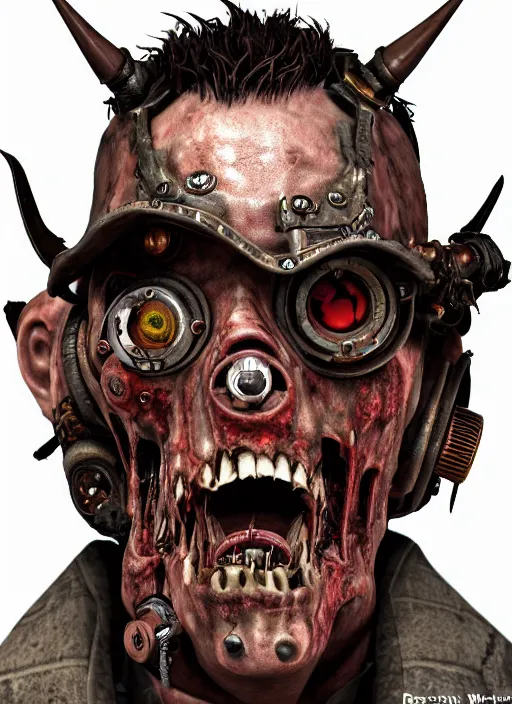 Image similar to steampunk portrait of zombie devil from doom, au naturel, hyper detailed, digital art, trending in artstation, cinematic lighting, studio quality, smooth render, unreal engine 5 rendered, octane rendered, art style by pixar dreamworks warner bros disney riot red dead redemption far cry doom games and borderlands.