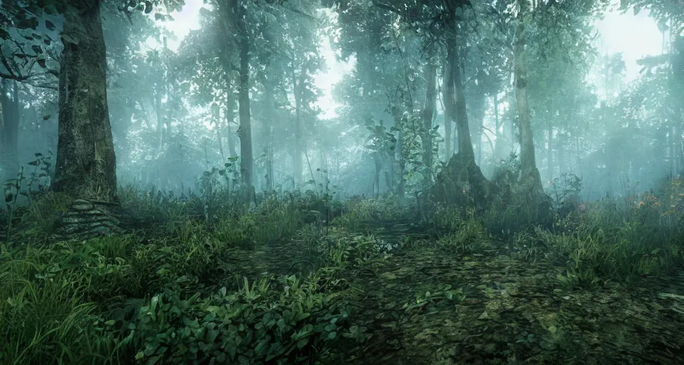 Prompt: Enchanted and magic forest, with CRYENGINE