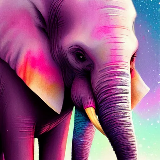 Image similar to colorful and festive elephant with pink hair,. rich vivid colors, ambient lighting, dynamic lighting, 4 k, atmospheric lighting, painted, intricate, highly detailed by charlie bowater