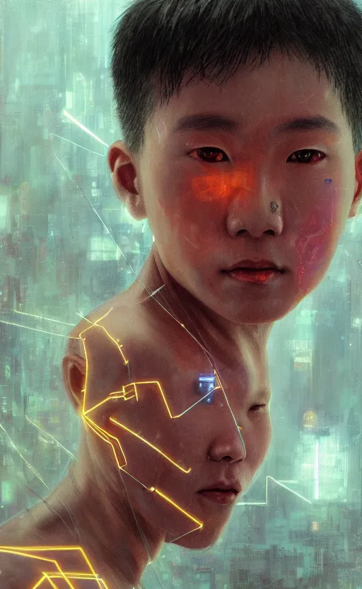 Prompt: an intricate, detailed face of a asian boy, skin made of electronic glowing circuits with laserbeams transporting energy, ferrofluids in background, unreal engine, trending on artstation, bladerunner 2049, by John Berkey
