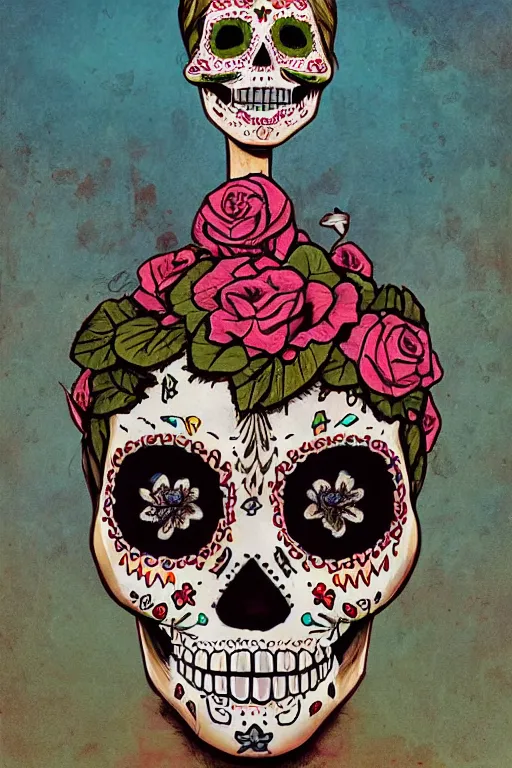 Image similar to Illustration of a sugar skull day of the dead girl, art by scott listfield