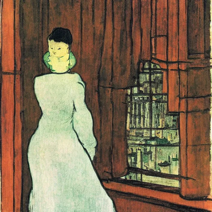 Prompt: woman in green dress with city with cathedral seen from a window frame at sunset. fuzzy white cat. monet, henri de toulouse - lautrec, utamaro, matisse, felix vallotton