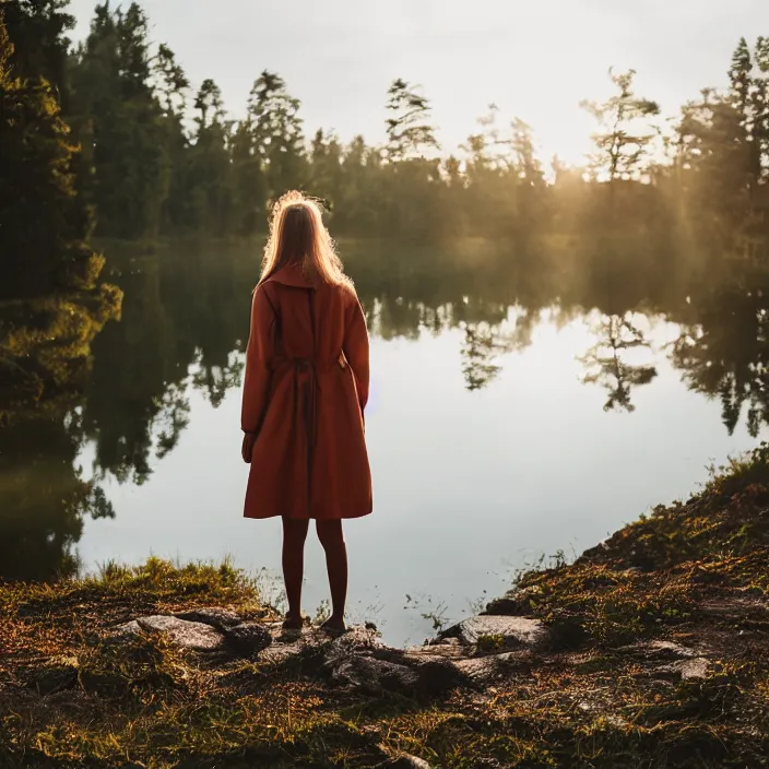 Prompt: a woman, standing in a lake, backlit, wearing amazing clothes, backlit, photo by Marat Safin, Canon EOS R3, f/1.4, ISO 200, 1/160s, 8K, RAW, unedited, symmetrical balance, in-frame