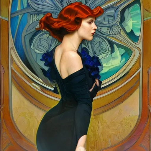 Image similar to a streamline moderne painting in the style of donato giancola, and in the style of charlie bowater, and in the style of alphonse mucha. symmetry, smooth, sharp focus, semi - realism, intricate detail.