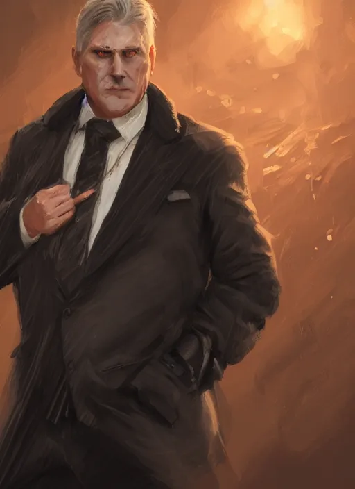 Image similar to a highly detailed illustration of 6 7 year - old clean - shaven chubby white man wearing black detective coat with necktie, heroic pose, strings background, intricate, elegant, highly detailed, centered, digital painting, artstation, concept art, smooth, sharp focus, league of legends concept art, wlop.