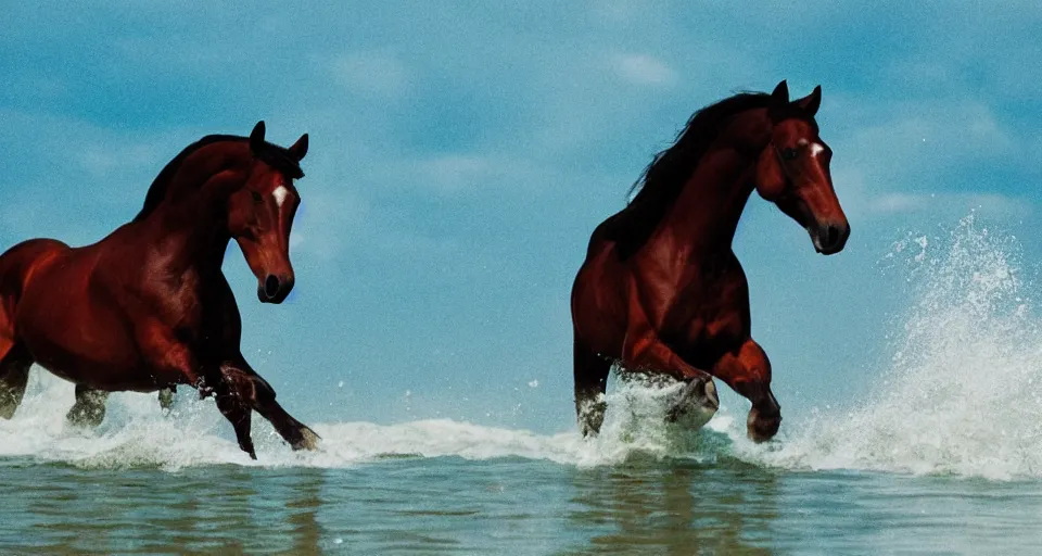 Prompt: a horse running under water, profile